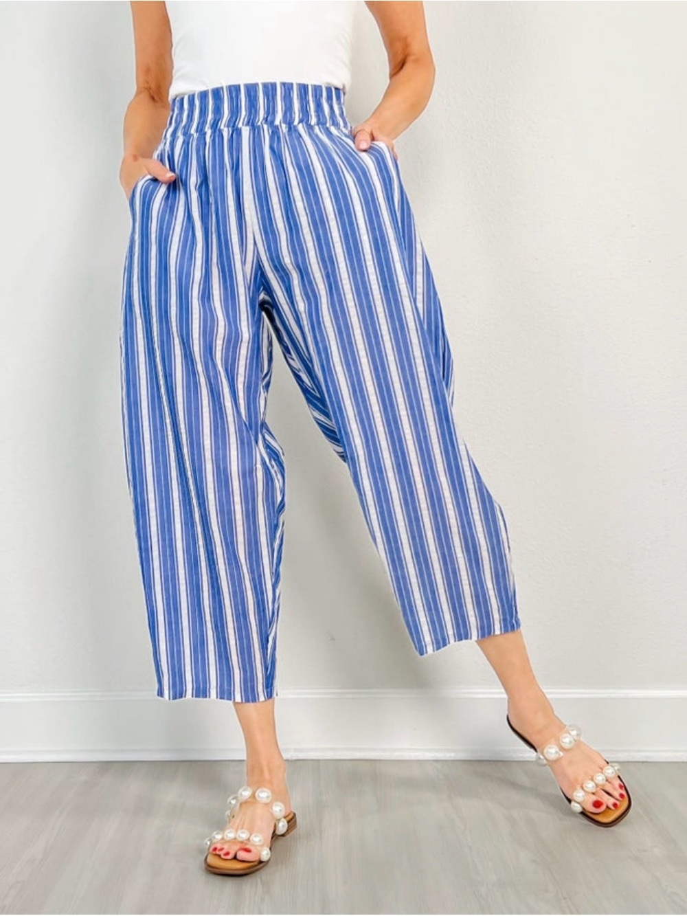 Blue & White Striped Elastic-Waist Cropped Wide-Leg Pants with Pockets - 2XL